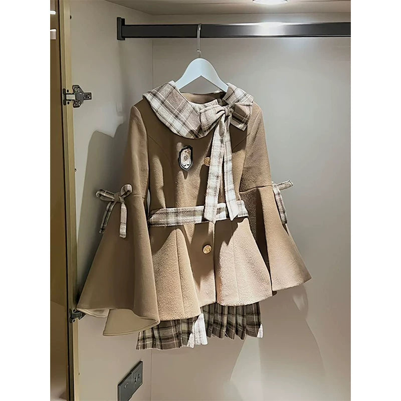 Creamy - Moonlit Heiress - Two-Piece Coat and Skirt Set with a Plaid Collar and Bow