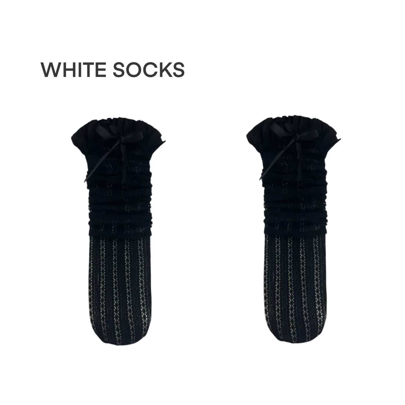 Black lace mid-calf socks with gathered cuffs and bow details styled with black heels.