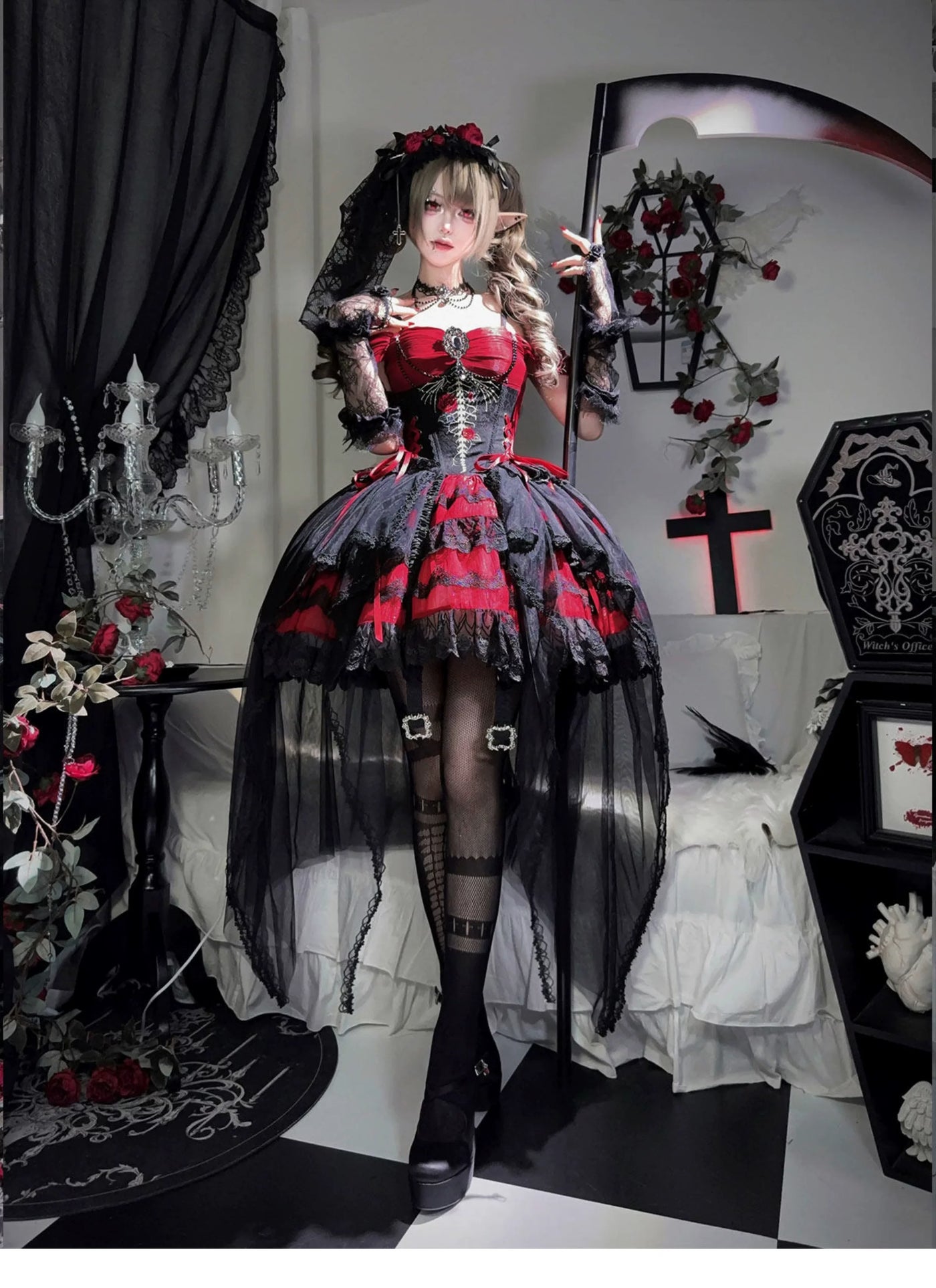 Letters from Unknown Star - Eternal Thorn of the Dragonbone - Embroidered Gothic Lolita JSK Dress, Off-Shoulder