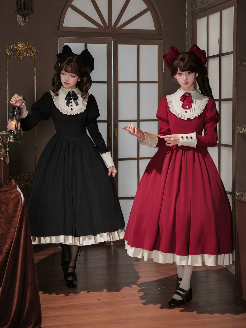 With PUJI - Miss Lita - Classic Lolita dress suit with an adjustable flutter-sleeve apron detail view 3