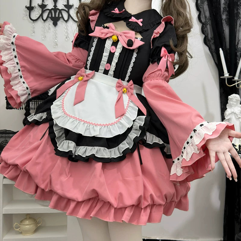 Lady Han Oath Maid cute lolita dress with ruffled neckline and bow accents, featuring a pastel-colored maid-inspired design.