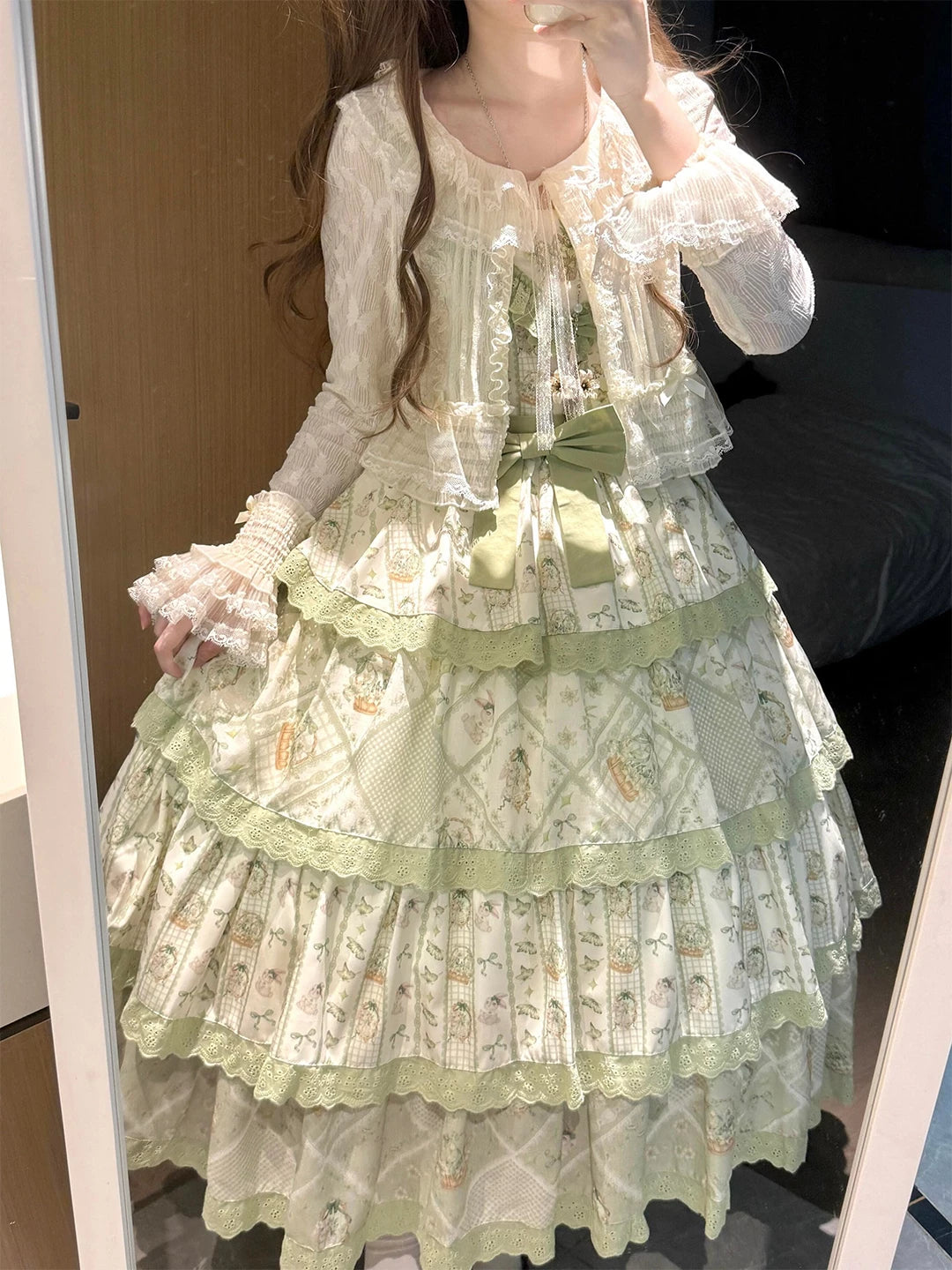 Green pastoral JSK dress set with an apricot cardigan, waist bow and layered skirt