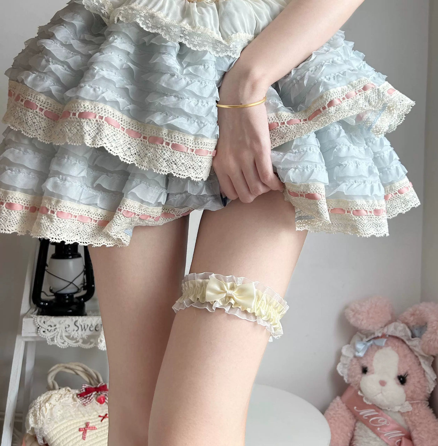 Fantasy Doll - Ribbon Bow - Lace Leg Garters with Satin-Ribbon Bows