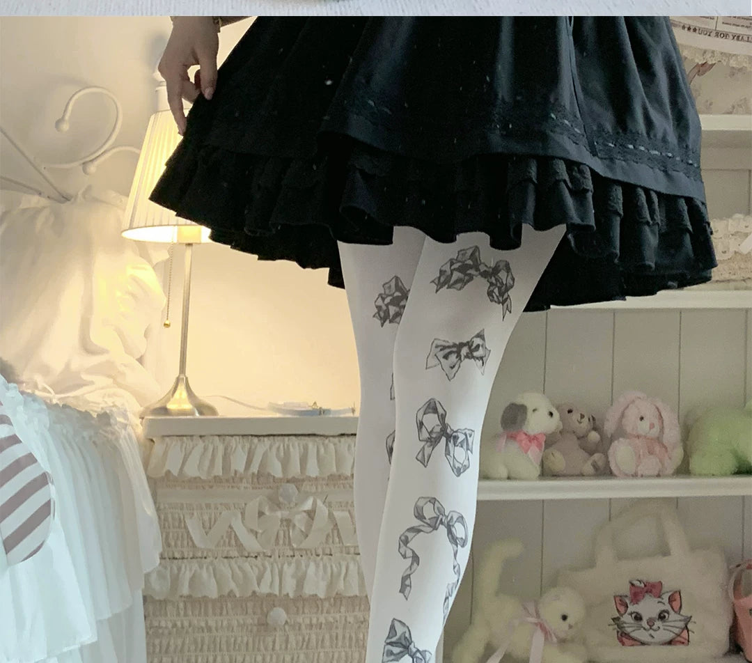 roji roji - Bow Print - Velvet Bow-Print Tights in Three Colourways