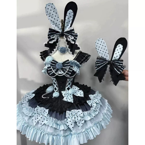 Black, white and pale-blue polka-dot JSK dress with layered ruffles and headwear