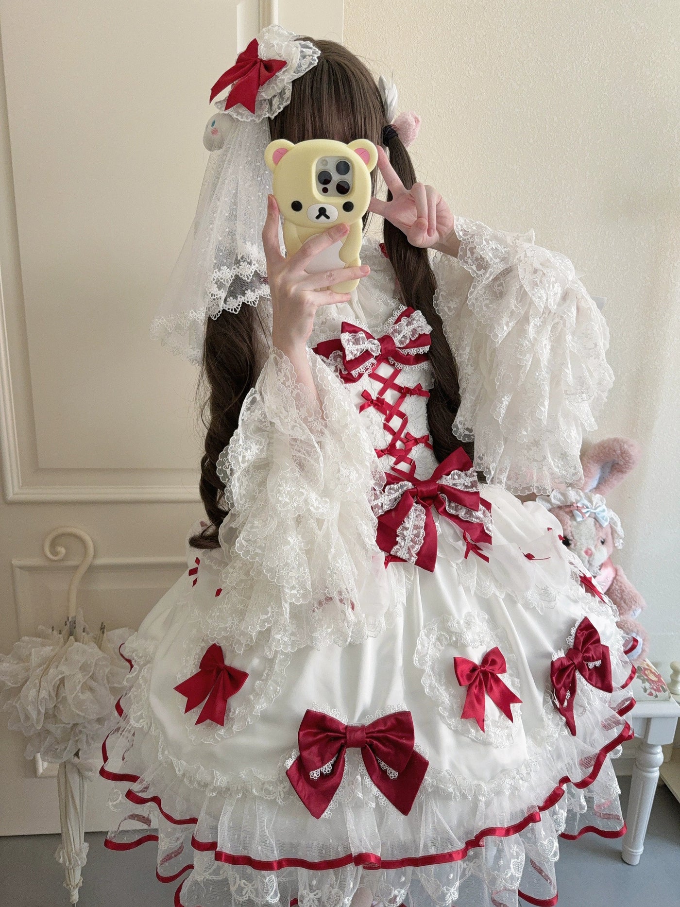 Velvet Sweetheart - Doll-like Sweet Lolita Jumper Dress, Bow Accents Red and White JSK + Head Veil + Bow Trailing S