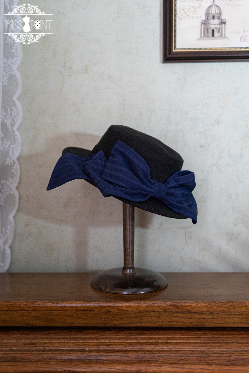 Stripped Lolita Headband Veil Hat Clip Necklace navy blue top hat