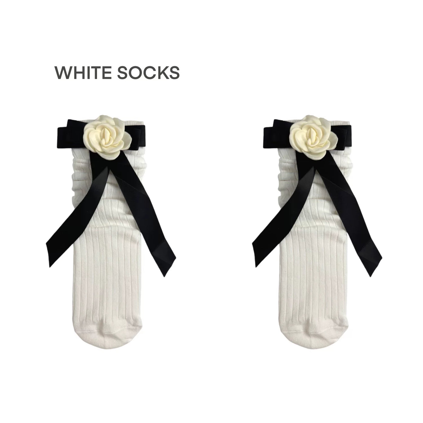 White Socks - Camellia Ribbon - Slouch Knee Socks with Floral Accents