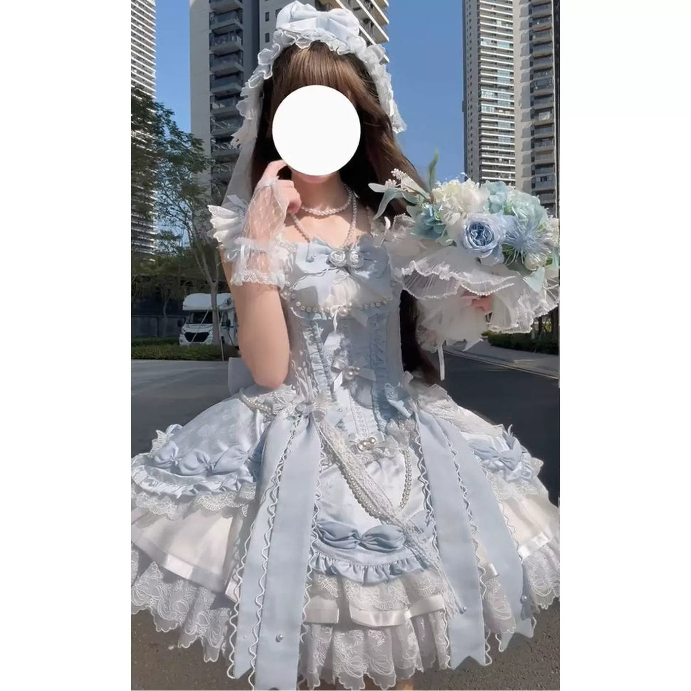 Creamy - Blue Ballet - Blue-and-White Ballet-Style Dress Set with Layered Lace