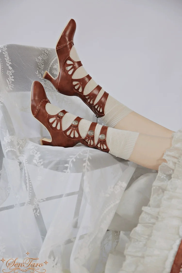 Sentaro - Floral Carved - Vintage Lolita Shoes Mary Jane Hollow-out Ankle Boots