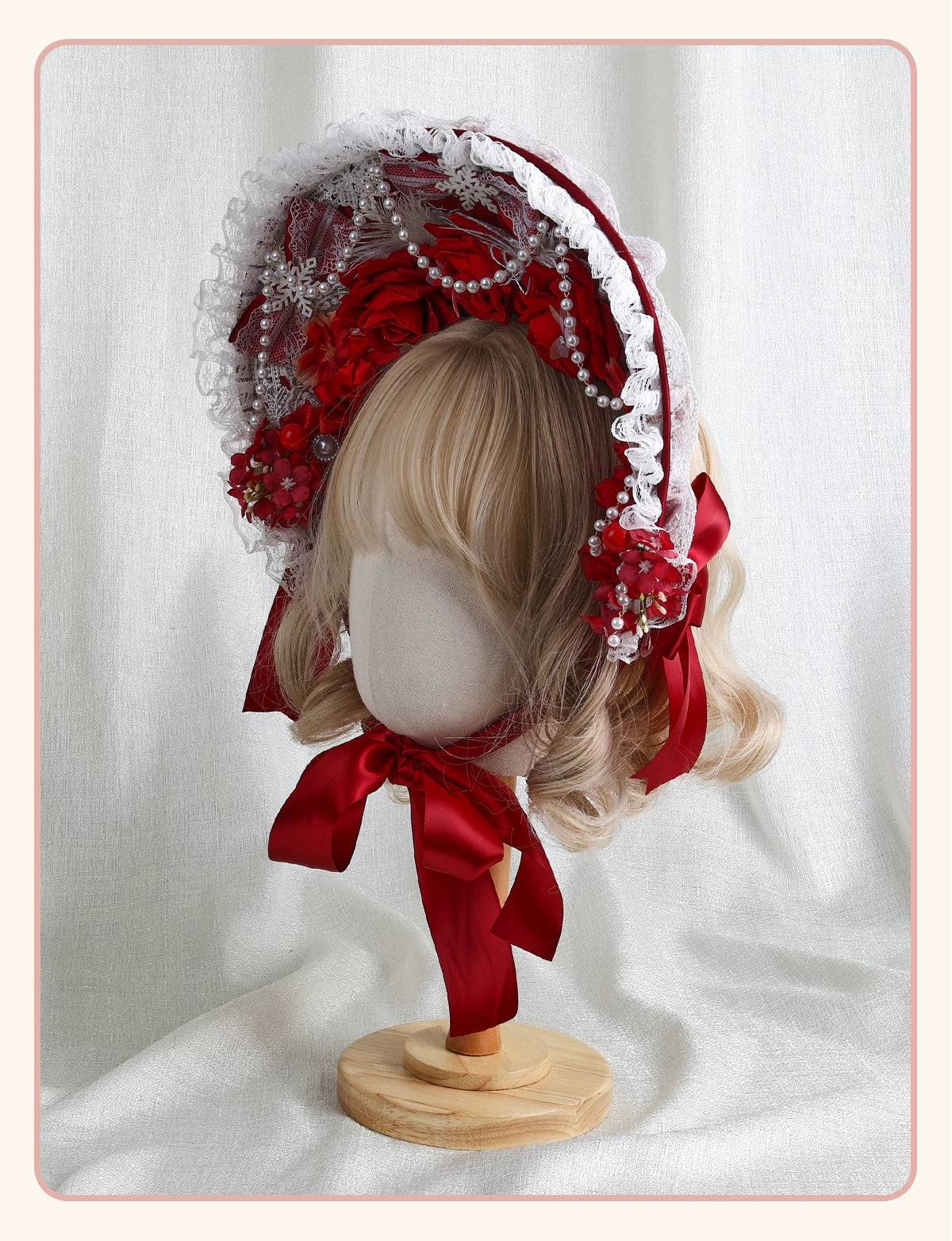 Stardust Rose - Autumn-Winter Dream - Lace-Trimmed Flat Hat with Ribbon Bows