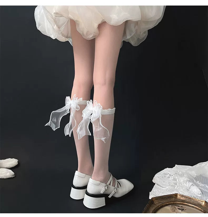 Sock Noble - Crystal Bow - Sheer Mid-Calf Slouch Socks with Bow Detail