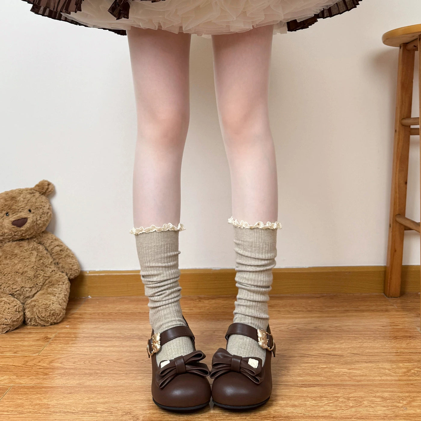 Chubby Bear Tales - Caramel Cocoa Slouch - Lace-Trimmed Slouch Calf Socks