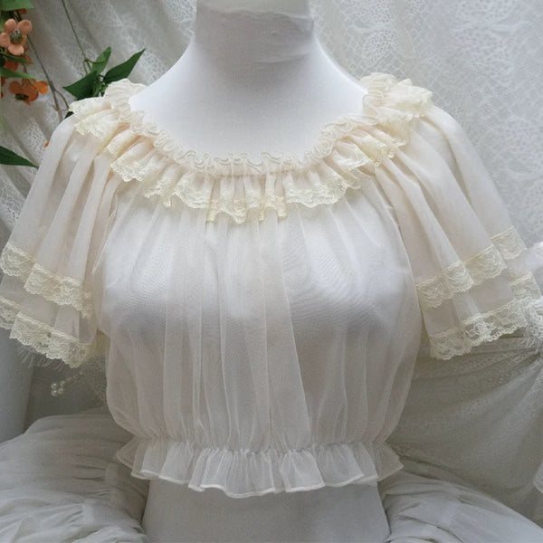 Zhijinyuan Morning Mist Rose Sheer Flutter Blouse — Apricot plain mesh flutter sleeve blouse