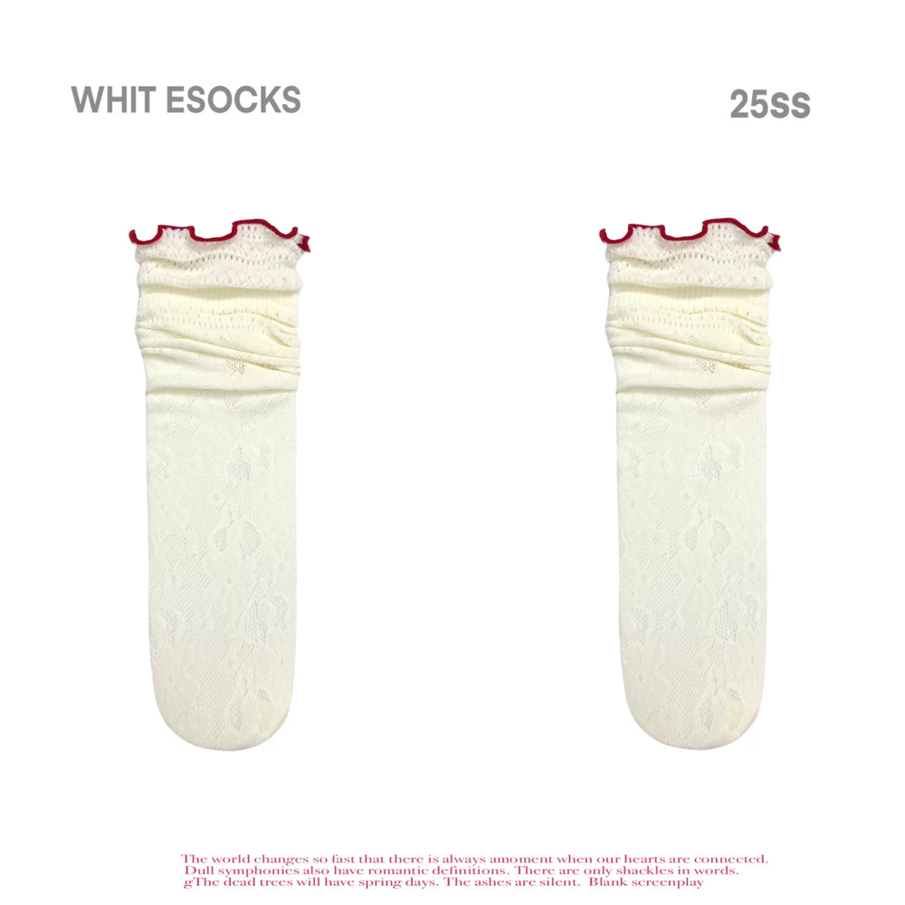 Ivory lace calf socks with red trim shown in flat and worn views.