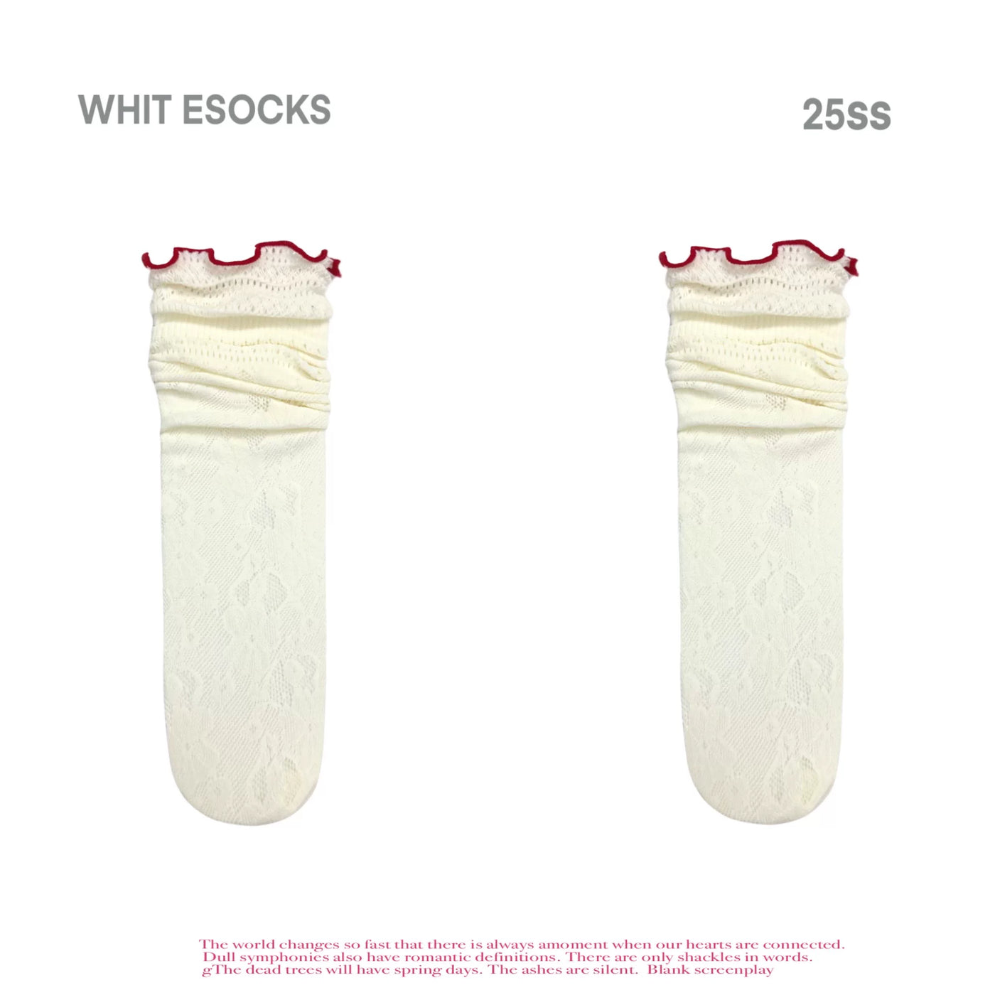 Ivory lace calf socks with red trim shown in flat and worn views.