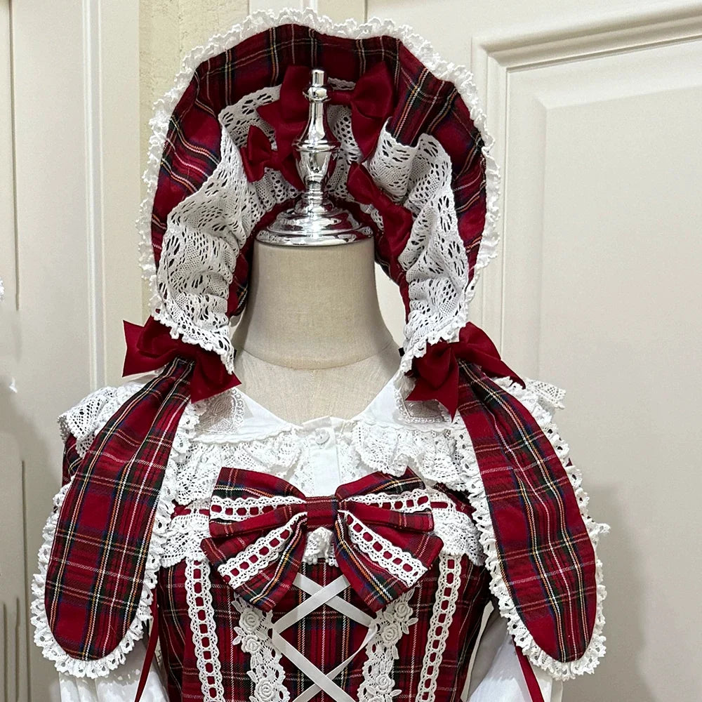Miss Point - Plaid Petal Bunny - Old School Lolita Bunny Ear Headdress, Bear Ear Apron