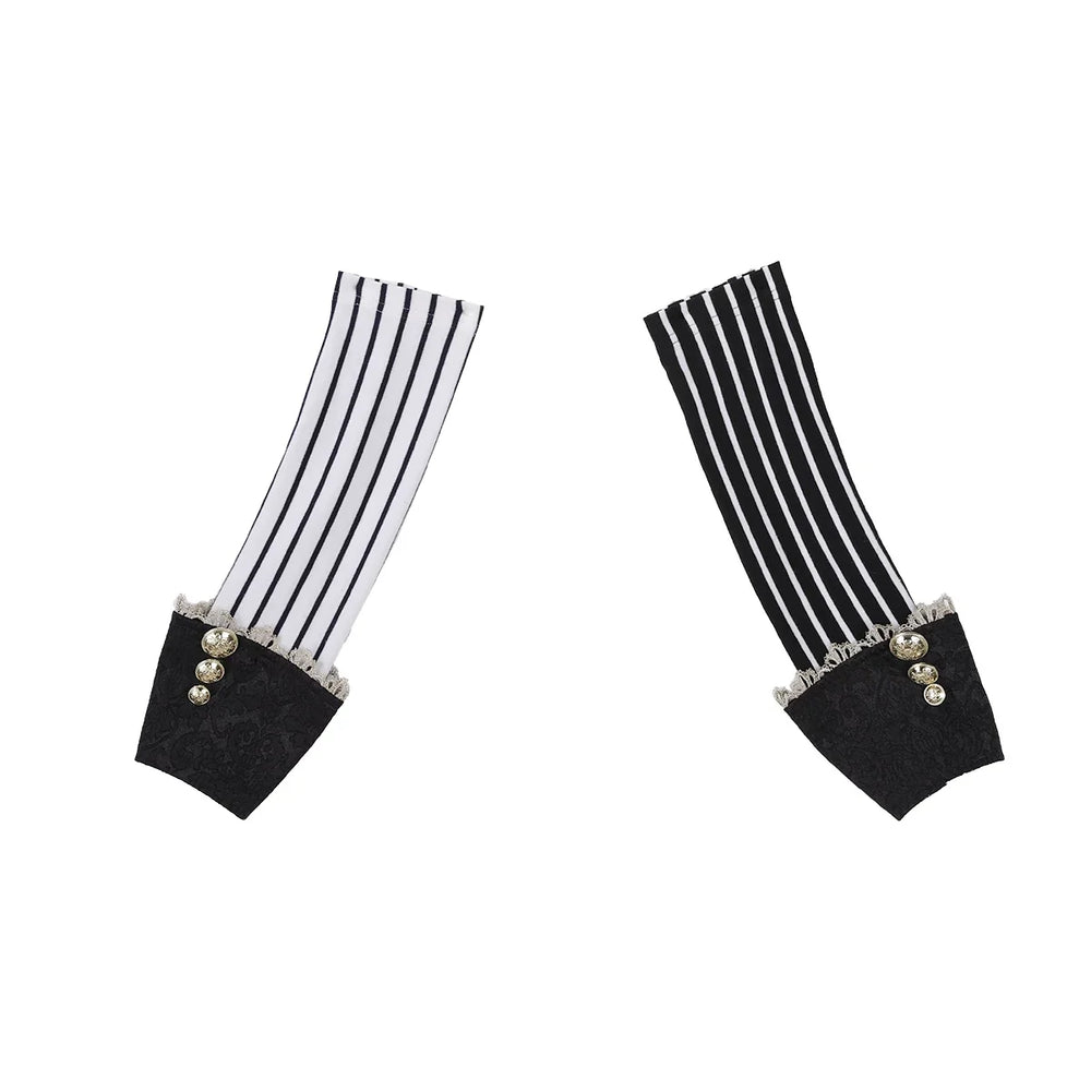 Black-and-white striped Lolita accessory pieces with lace trim, bows and pom-poms