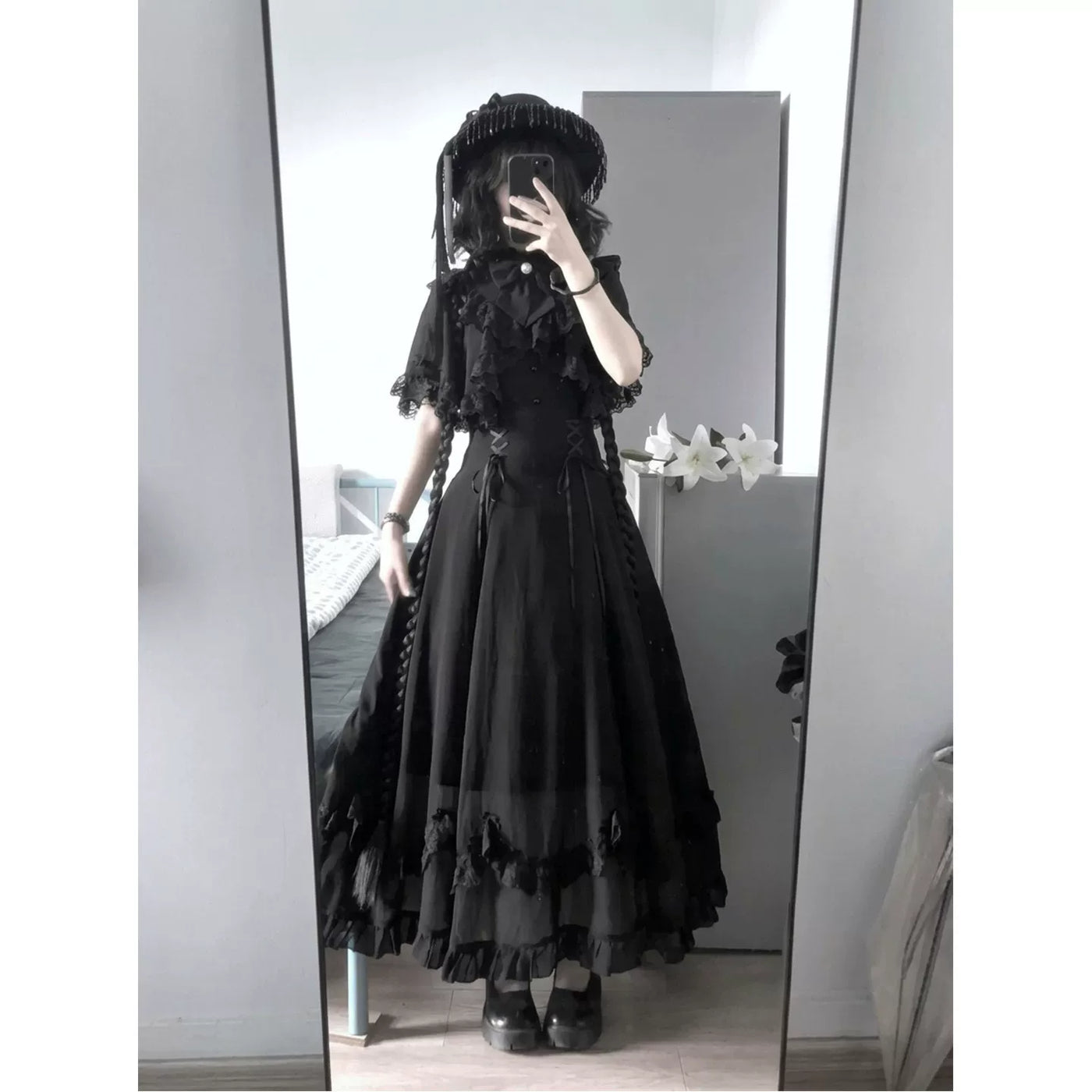 Creamy - Black Lace Cape - Long Dress with Lace Cape Overlay