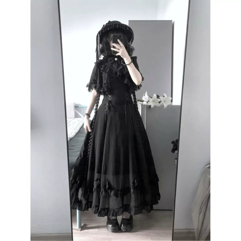 Creamy - Black Lace Cape - Long Dress with Lace Cape Overlay