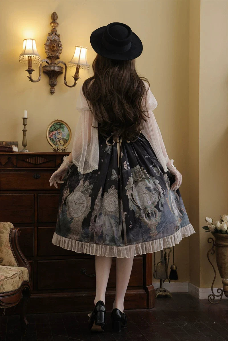 Your Princess - Clock Butterfly - Gothic Lolita Printed Blouse and Corset Skirt Set