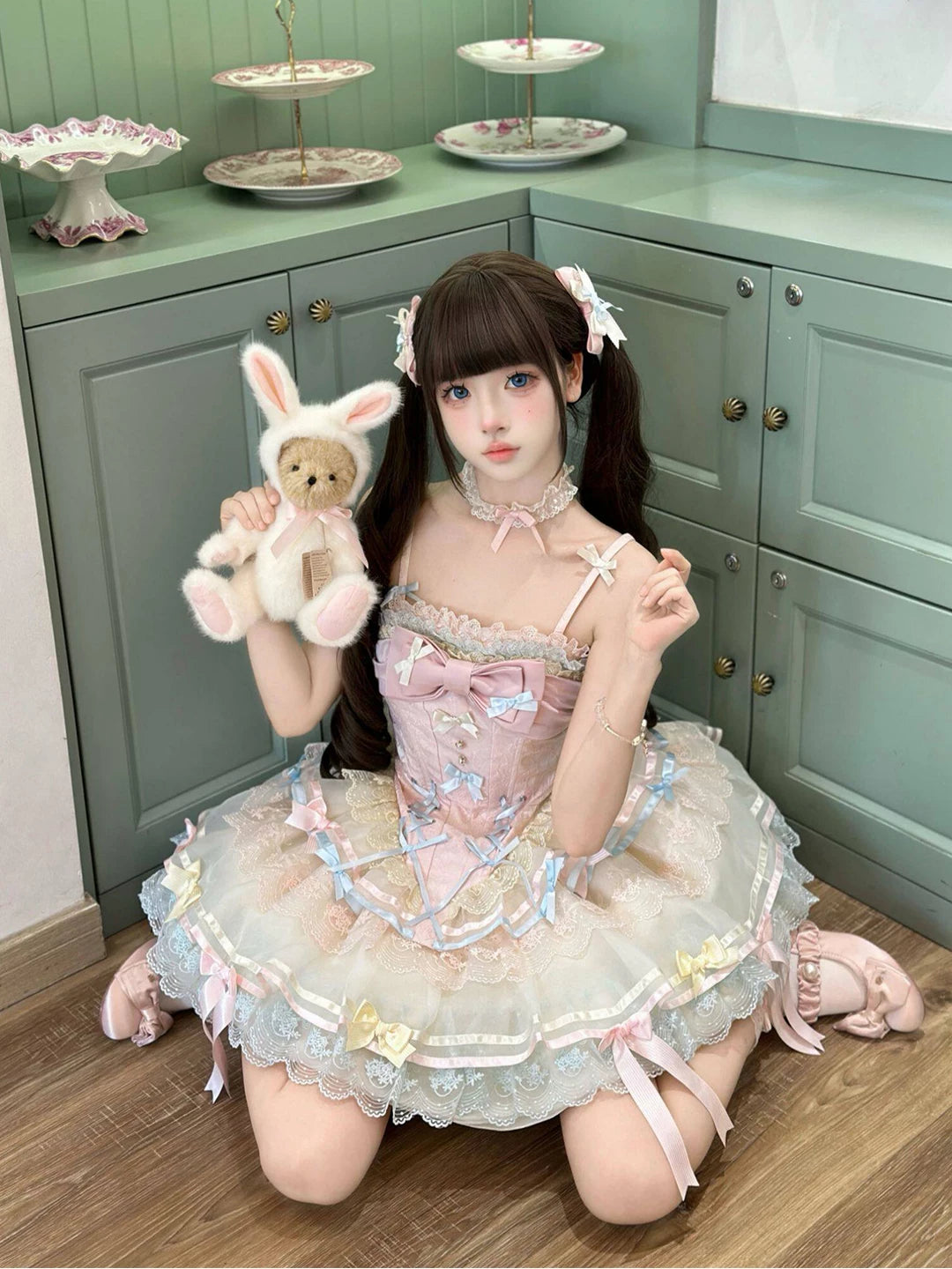 Creamy - First Love Ballet - JSK dress with a trailing hem and pastel ribbon trim