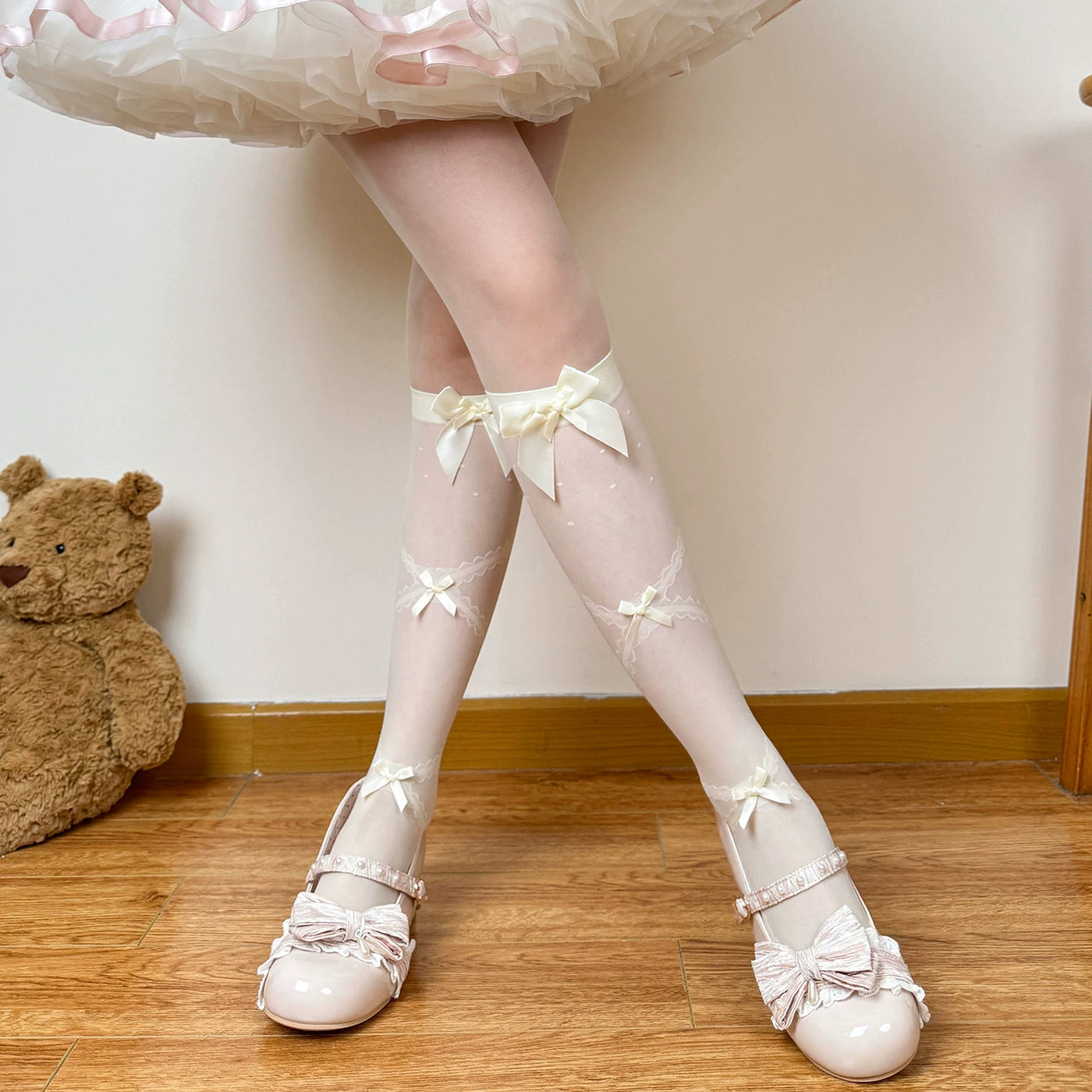 Chubby Bear Tales - Love Letter Ballet - Mid-Calf Socks with Lace and Bow Details