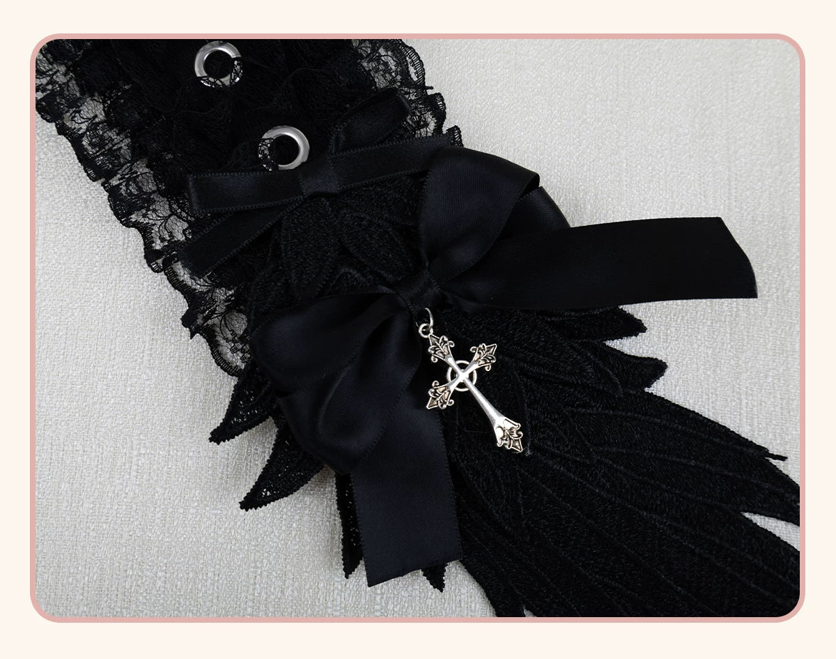 Stardust Rose - Winged Cross - Black-and-White Lace Headband with Wings and Cross Details