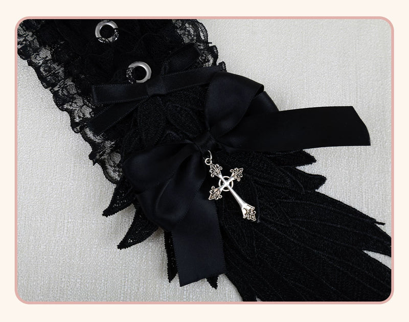 Stardust Rose - Winged Cross - Black-and-White Lace Headband with Wings and Cross Details