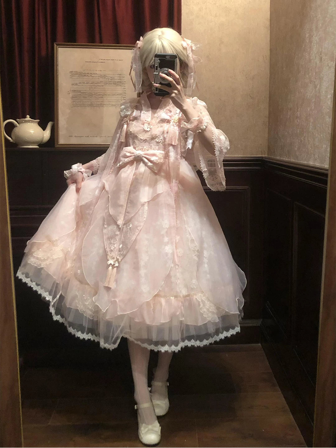 Pink layered JSK dress set with lace inner layer and headwear shown in mirror photographs.