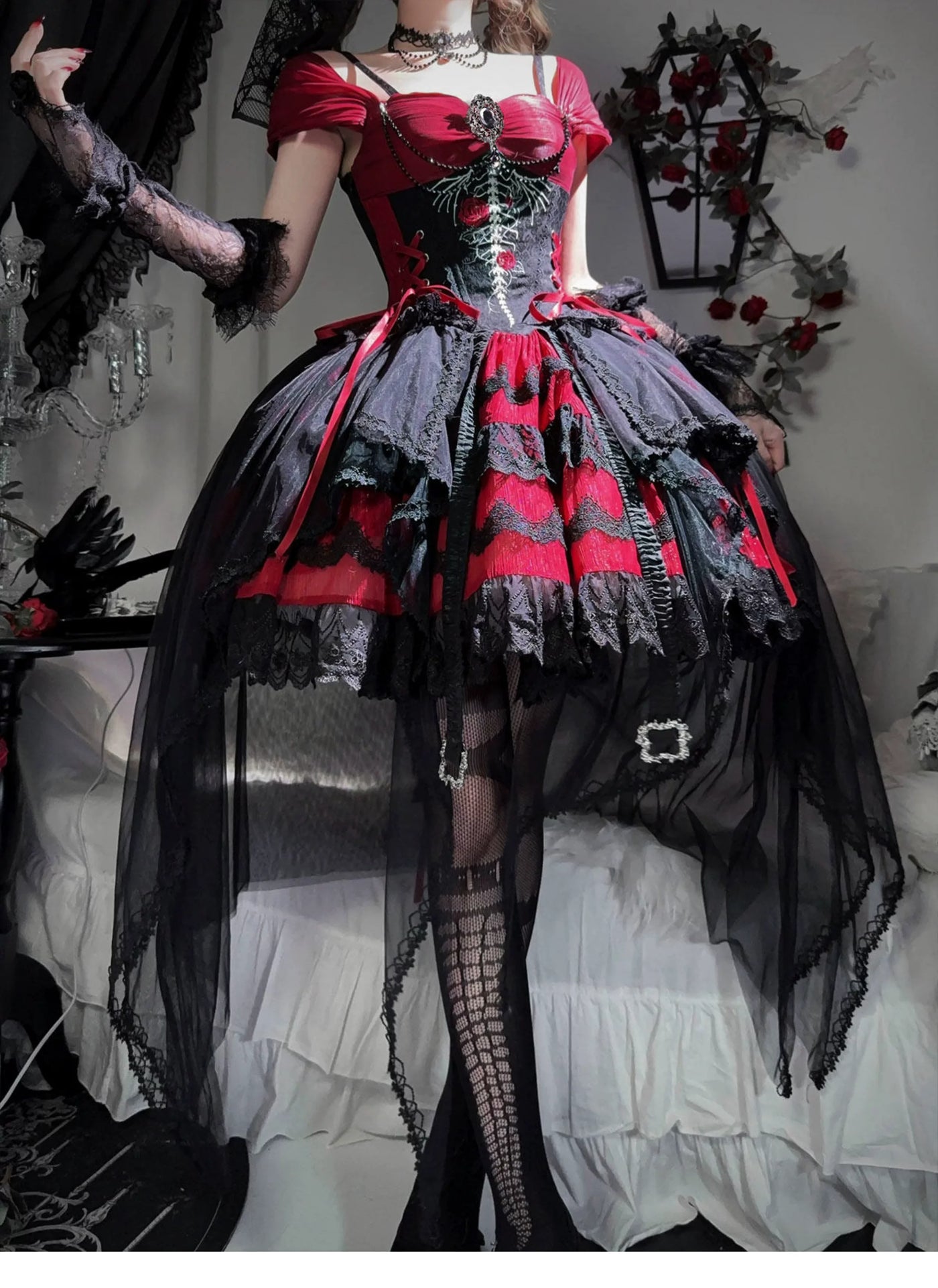 Letters from Unknown Star - Eternal Thorn of the Dragonbone - Embroidered Gothic Lolita JSK Dress, Off-Shoulder