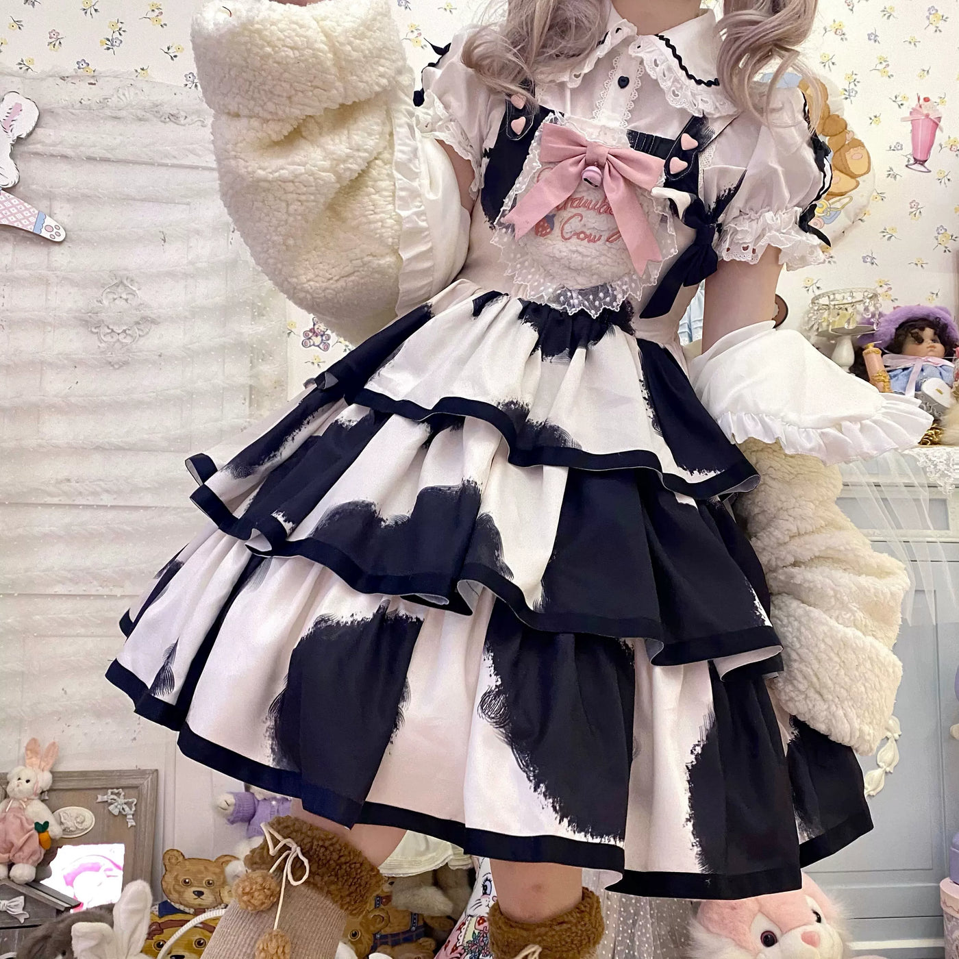 Tata Long Ear - Milk Cake Cow Print - Cow-Print JSK Dress with Three-Section Skirt
