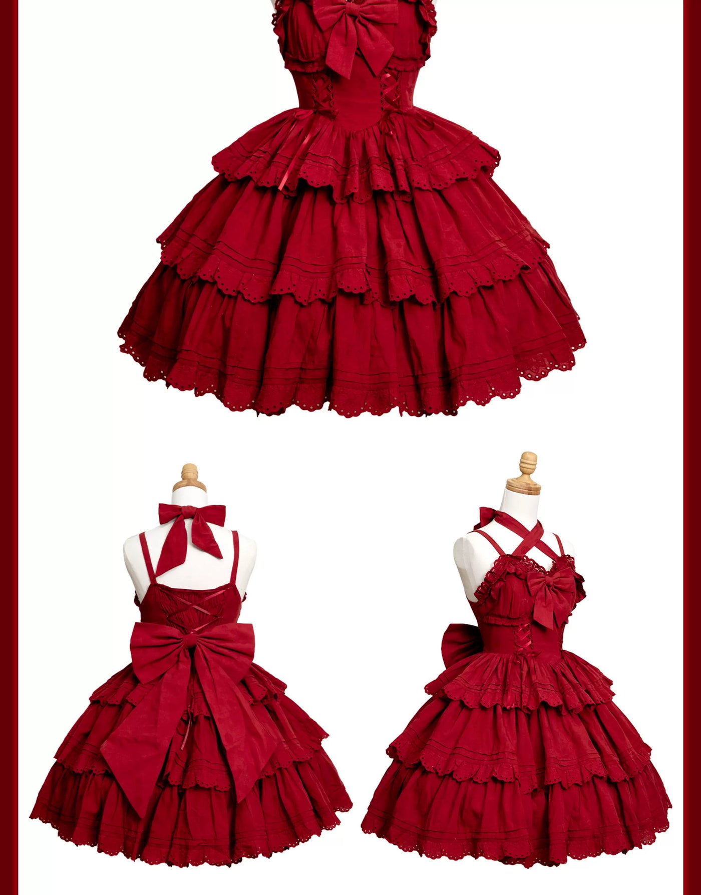 Black solid-color Lolita dress with halter neck, tiered scalloped lace skirt, and optional detachable puffy sleeves