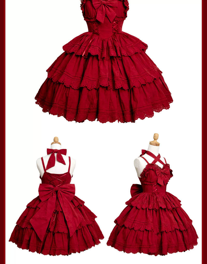 Black solid-color Lolita dress with halter neck, tiered scalloped lace skirt, and optional detachable puffy sleeves
