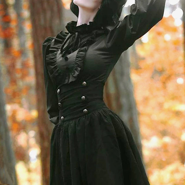 LACE GARDEN black blouse with ruffled collar and leg-of-mutton sleeves