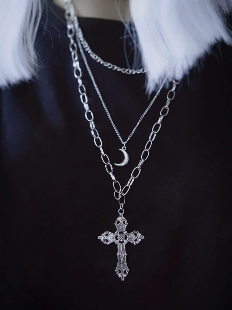 Strange Sugar - Gothic Lolita Necklace Triple Layer - Metal Cross Sweater Chain Neckwear