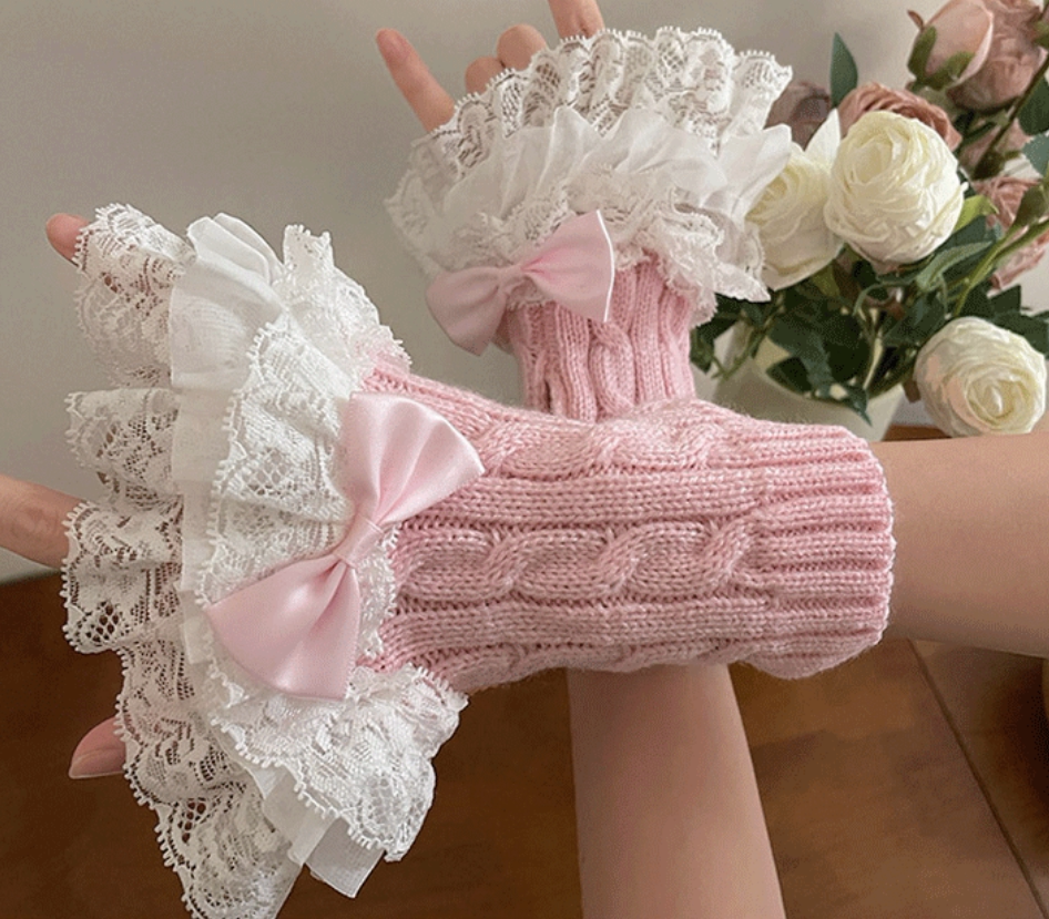 Fantasy Doll - Bowed Lace Layers - Knit Mid-Calf Leg Warmers with Lace Ruffles and Bows