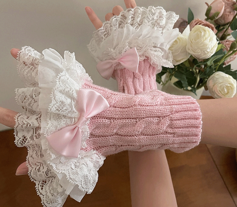 Fantasy Doll - Bowed Lace Layers - Knit Mid-Calf Leg Warmers with Lace Ruffles and Bows