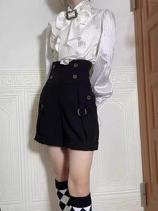 Creamy - Black-and-White Prince - Blouse and Shorts Set with a Chest Bow