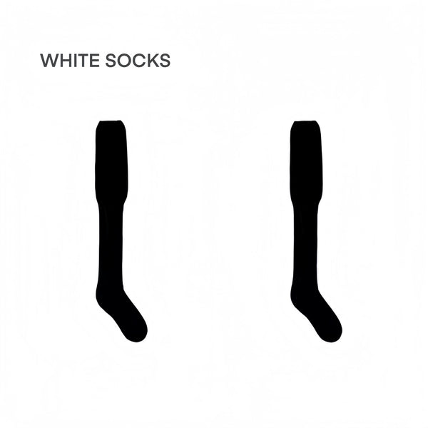 Black and white over-the-knee socks with leather leg covers, thigh garters and chain details.