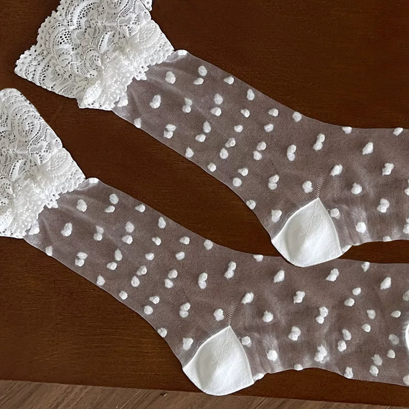 White layered Lolita legwear with lace, pearl and bow details