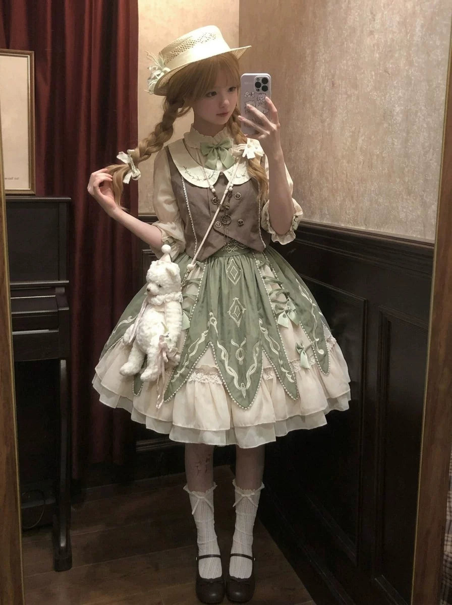 Green and cream Lolita blouse set with vest and short skirt styled in a vintage interior