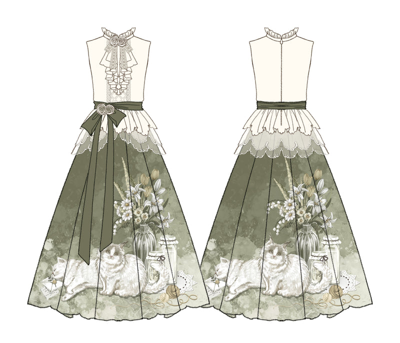 Designer's Gift - Morning Moments - Chinese-style skirt set with floral and cat prints - product detail 9