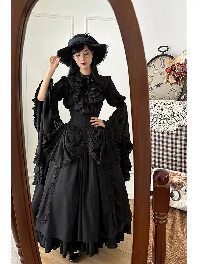 Creamy - Fishbone Gothic - Black Hime-Sleeve Blouse, Half Skirt and Bib Set