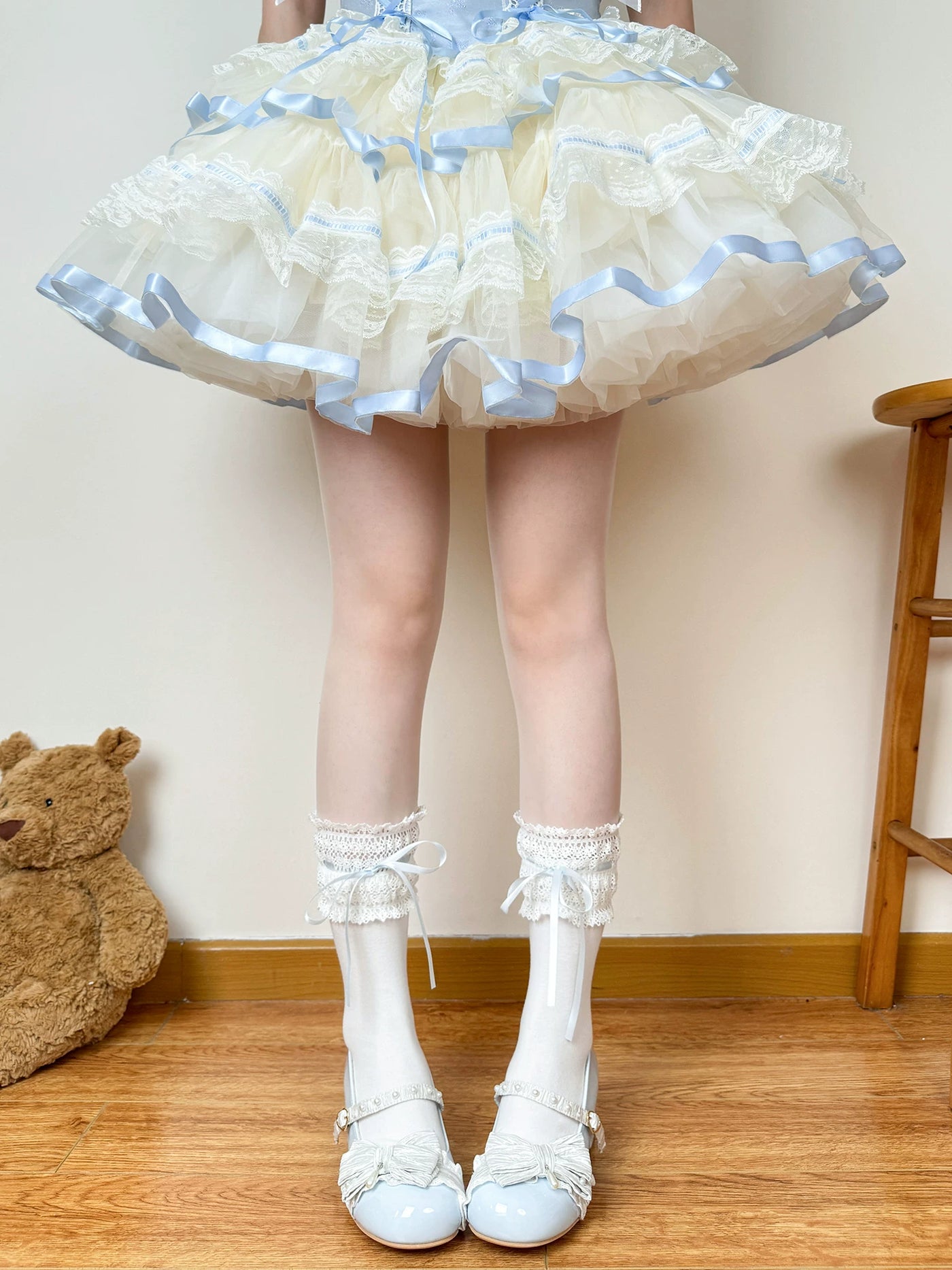 Chubby Bear Tales - Cream Ballet - Lace-Trimmed Socks with Ribbon Ties