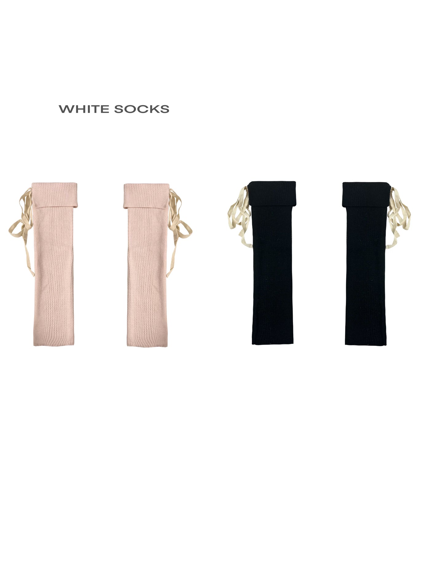 White Socks - Ballet Ribbon - Rib-Knit Calf Socks with Folded Cuffs and Ribbon Ties