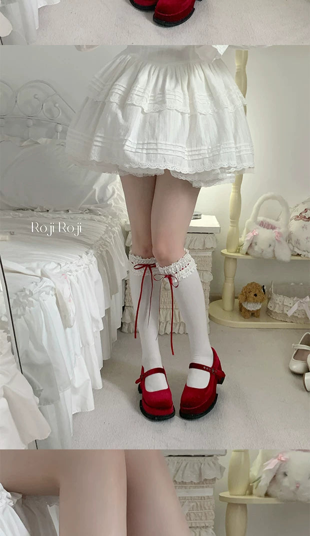roji roji - Gentle Dream - Ballet-inspired cotton socks with lace trim and ribbon details