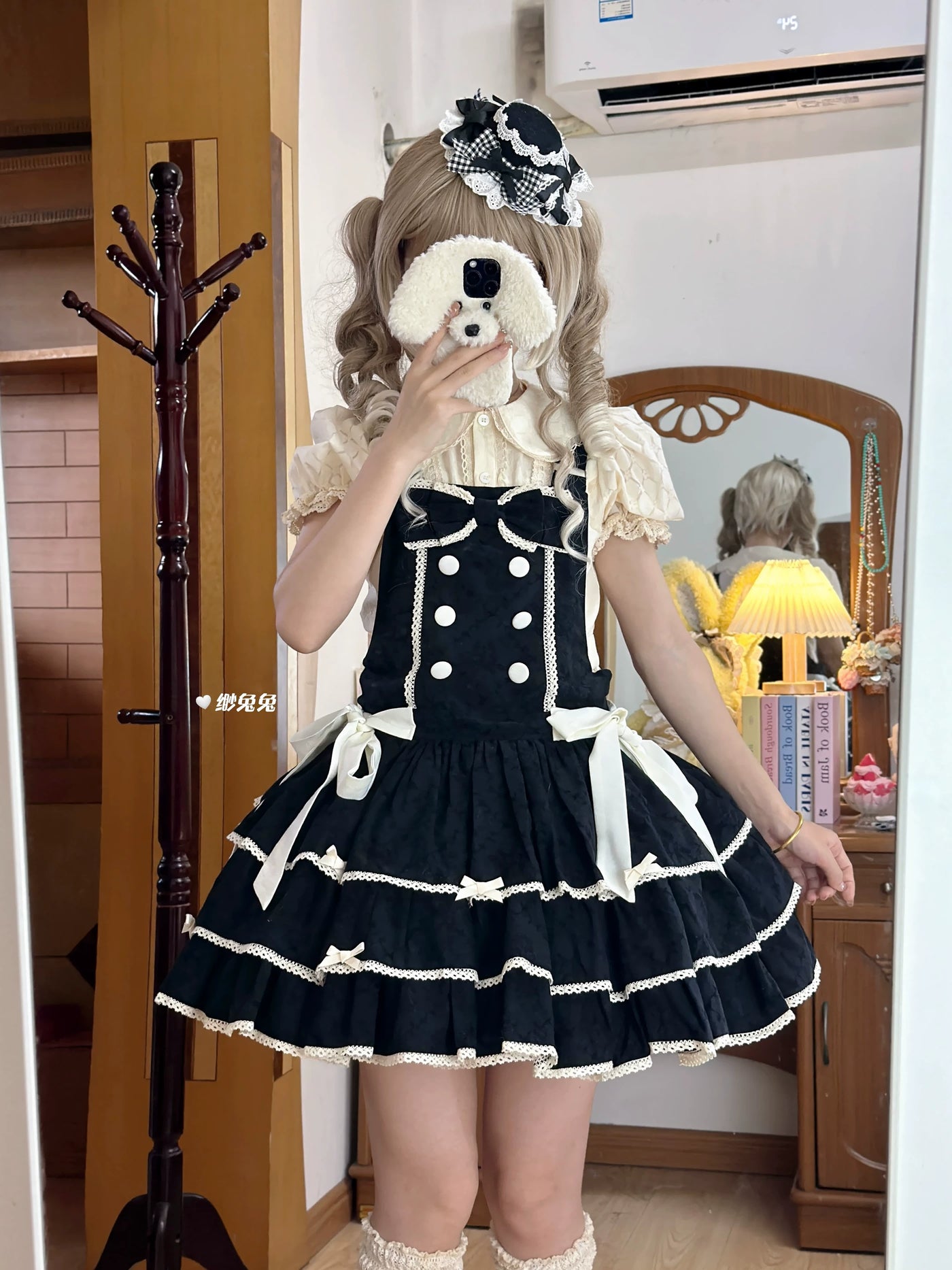 White Tea Story Mianmian Ice black and white tiered lolita jumper dress with suspenders and satin bow