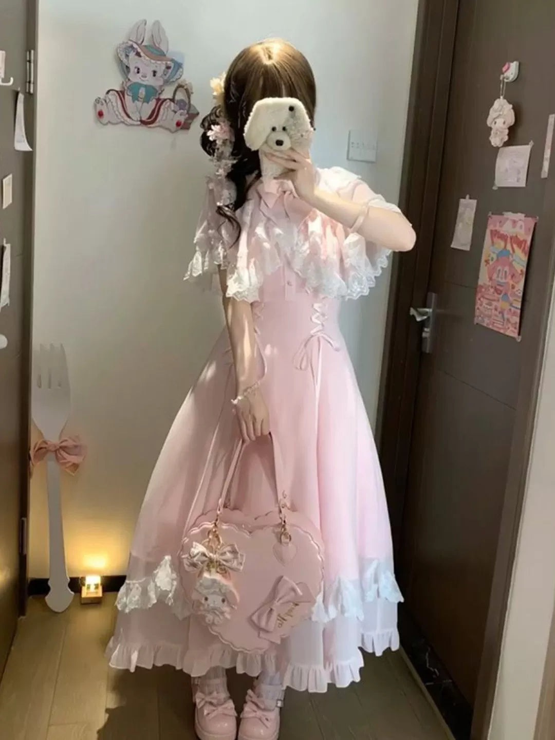 Creamy - Pink Ruffle Hem - OP Dress with Lace Capelet and Waist Bows