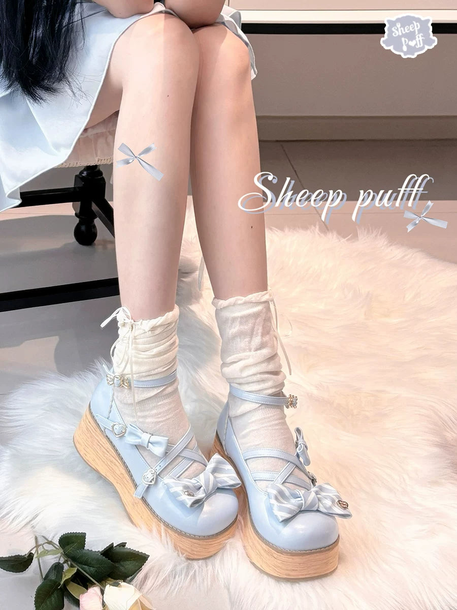 Sheep Puff Candy Tea Platform Lolita Shoes featuring pastel colors, decorative bows, and a chunky platform heel.